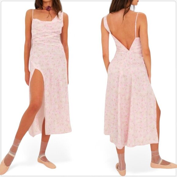 For Love and Lemons Ilana Midi Pink Floral Cowl Asymmetric Dress VS Collab NWT S - Picture 1 of 7